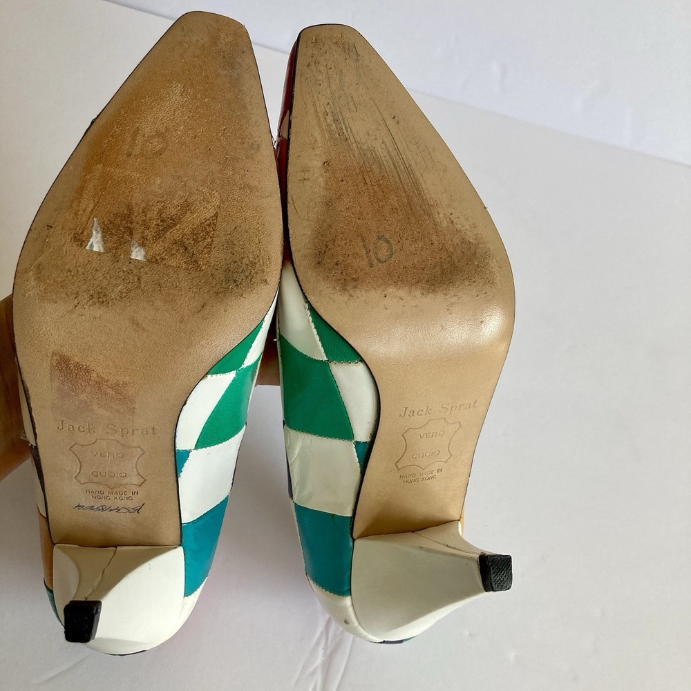 Vtg Jack Sprat Rainbow Harlequin Mod Patchwork Pumps Leather Size 6B Colorblock - Picture 13 of 16